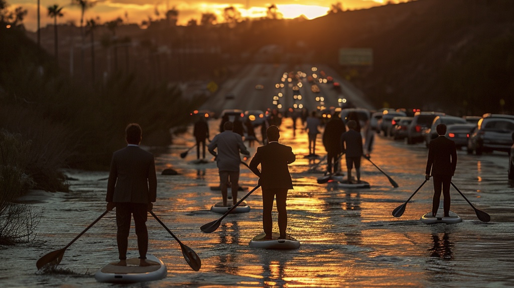 Satirical paddle boarding in business suits San Diego