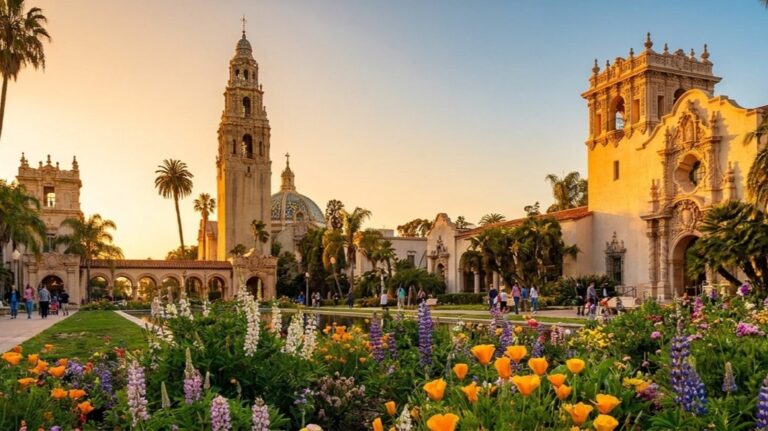 Golden hour view of Balboa Park in San Diego with spring flowers for a weekend events roundup