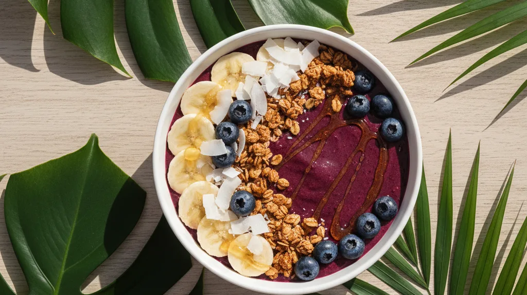 Acai bowl with banana slices granola and blueberries on a wooden table