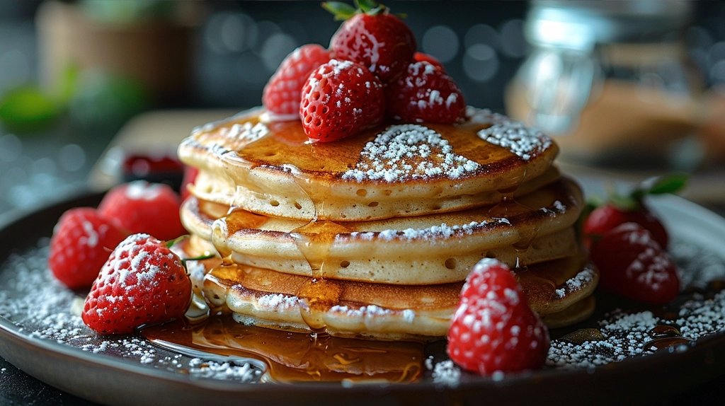 Pancakes with rapsberries drizzled in syrup and powered sugar.