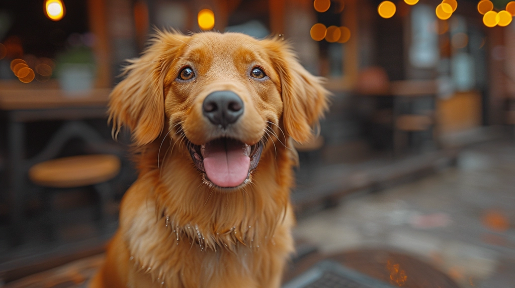 A golden retriever in front of an outdoor restaurant