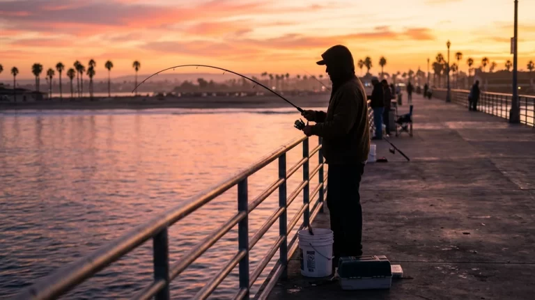 Angler fishing from San Diego pier at sunset