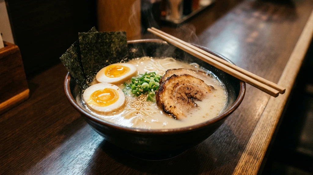 Bowl of tonkotsu ramen with soft boiled egg chashu pork and nori