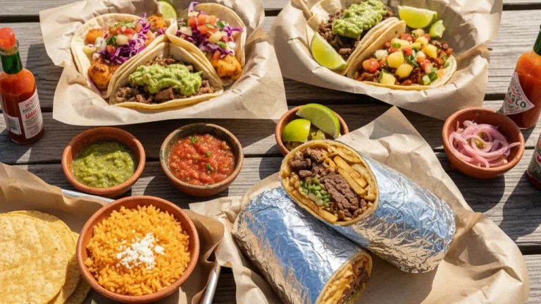 Overhead photo of affordable tacos and a burrito on a table in San Diego