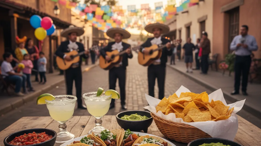 Cinco de Mayo scene in Old Town San Diego with tacos margaritas and papel picado