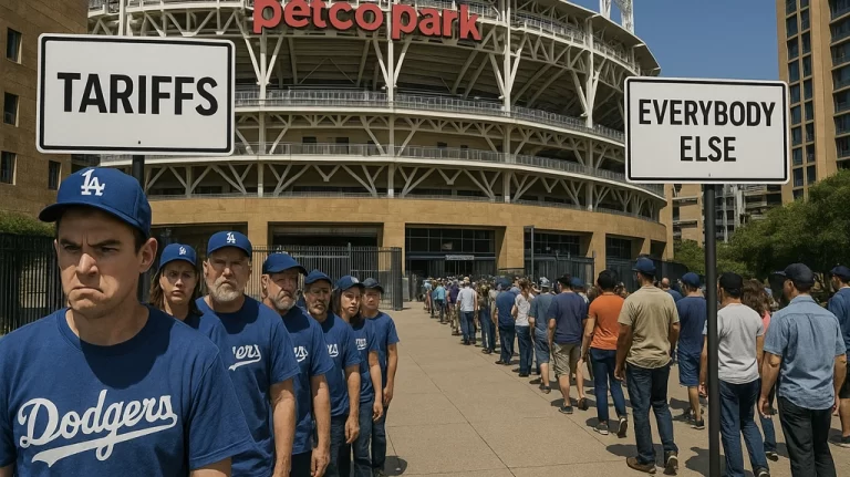 Satirical Dodgers fans tariff illustration San Diego rivalry