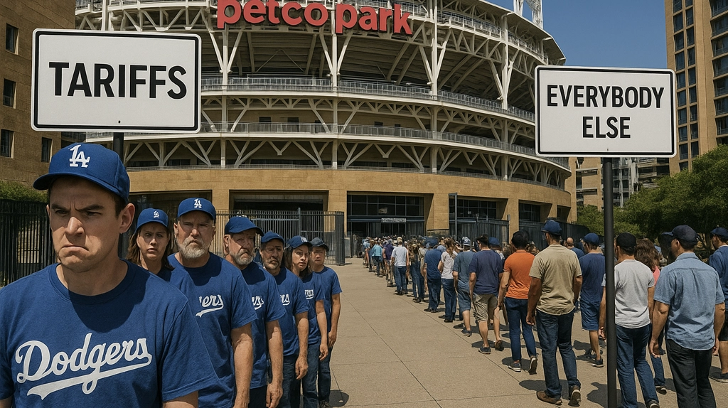 Satirical Dodgers fans tariff illustration San Diego rivalry