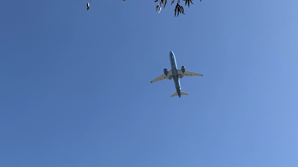 Airplane descending over residential San Diego neighborhood
