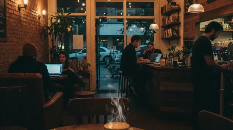 Cozy coffee shop interior at night with warm lighting and a latte on a wooden table