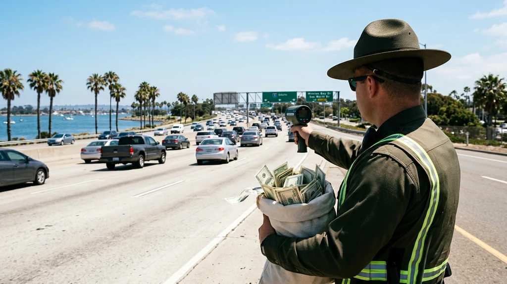Satirical San Diego freeway scene showing a generic traffic officer with a radar gun and a large bag of cash on I-5.