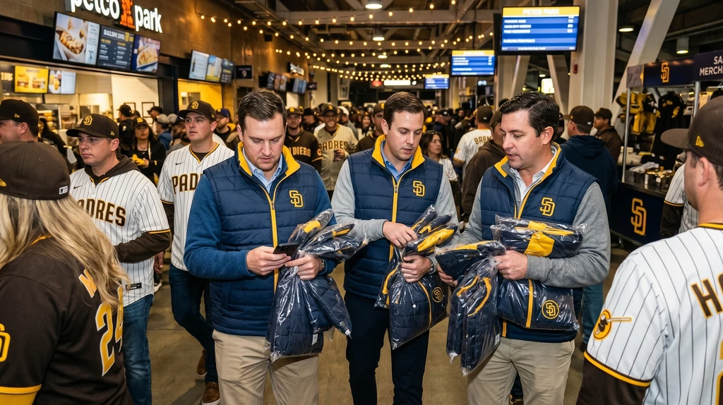 Padres fans wearing and holding giveaway puffer vests in a crowded Petco Park concourse